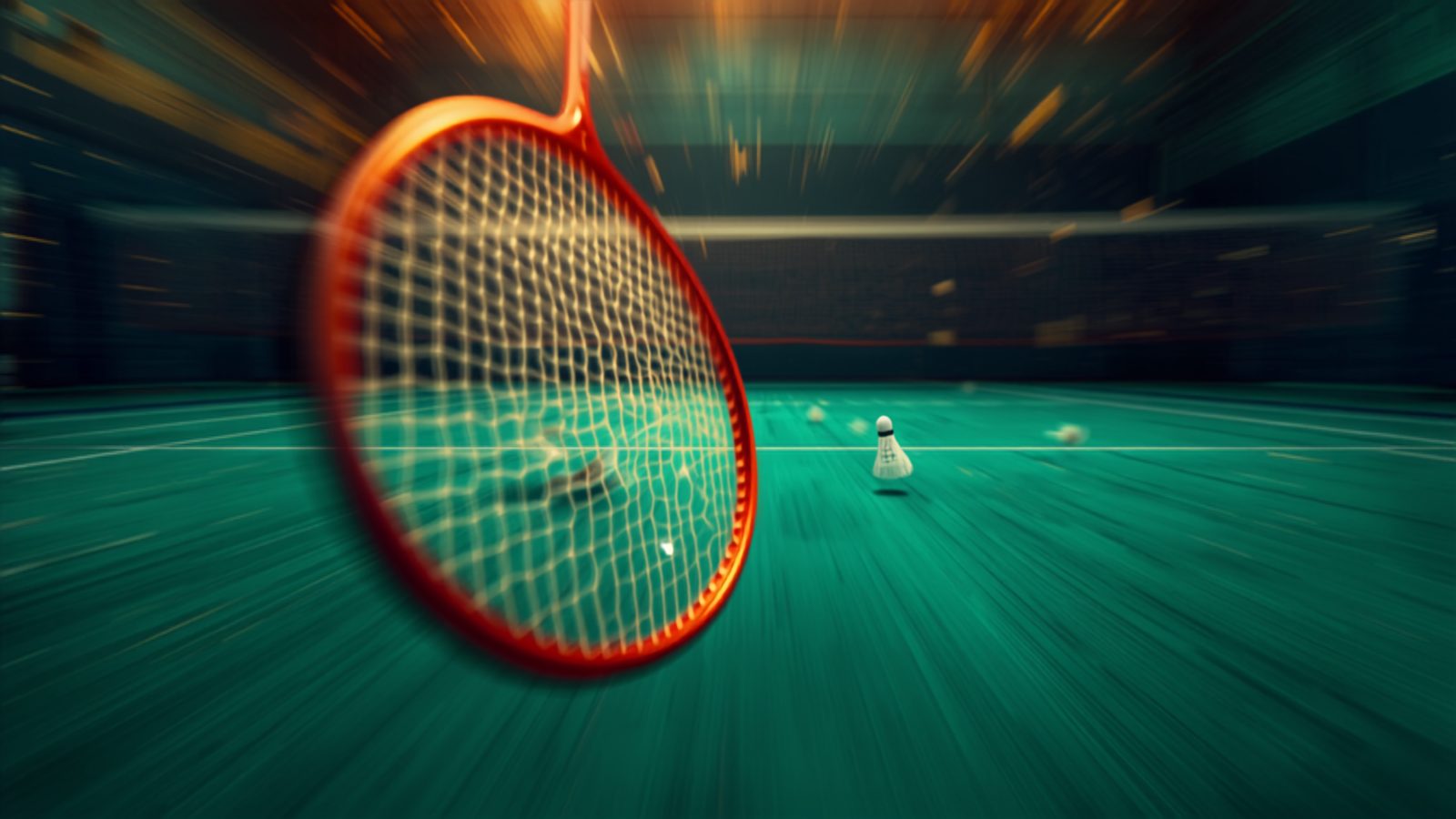 Badminton racket striking a shuttlecock